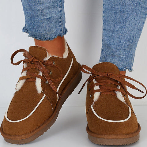 Flache Schneestiefel mit Schnürung, warme Loafer-Schuhe mit Kunstfellfutter