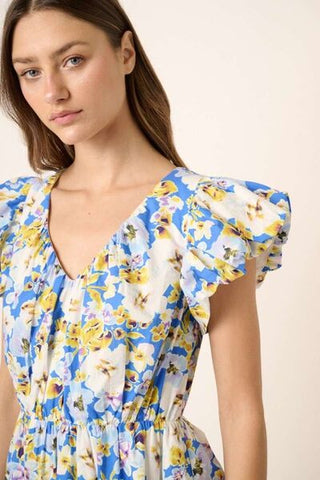 Floral V-Neck Cap Sleeve Summer Mini Dress
