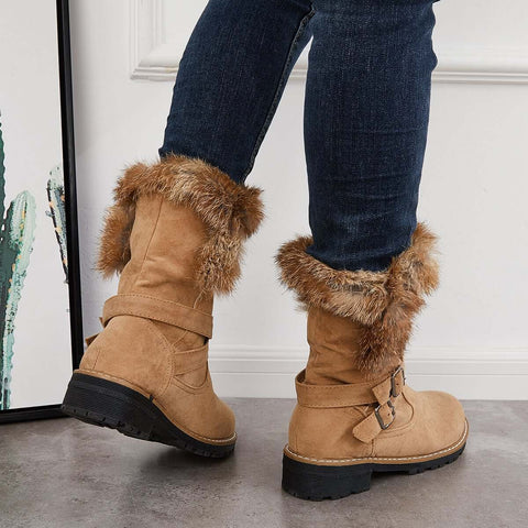 Warm Fur Mid Calf Snow Boots Block Heel Furry Winter Booties