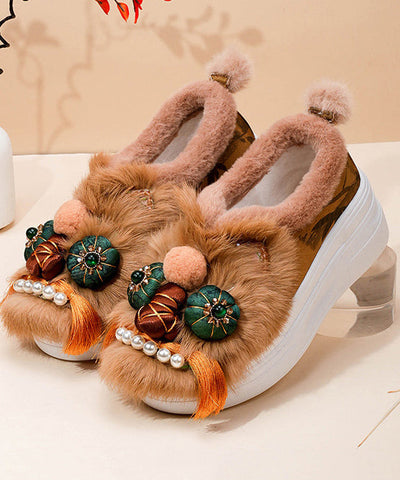 Lila Retro Handgefertigte Plateau-Ballerinas mit flauschiger Wolle im Spleiß-Design