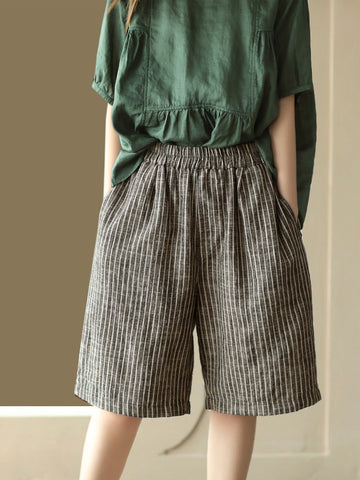 Women Summer Stripe Pocket Vintage Loose Linen Short Pants