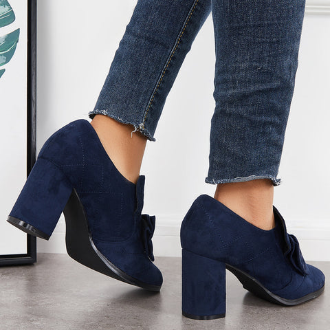Bowknot Pointed Toe Chunky High Heel Pumps Slip on Dress Shoes