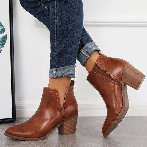 Cutout Western Ankle Cowboy Boots Chunky Stacked Heel Booties