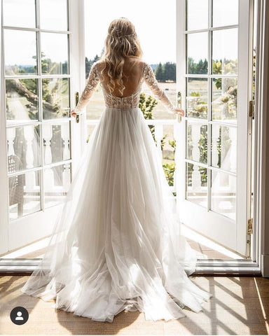 BMbridal Long Sleeves Beach Wedding Dress With Appliques Open Back