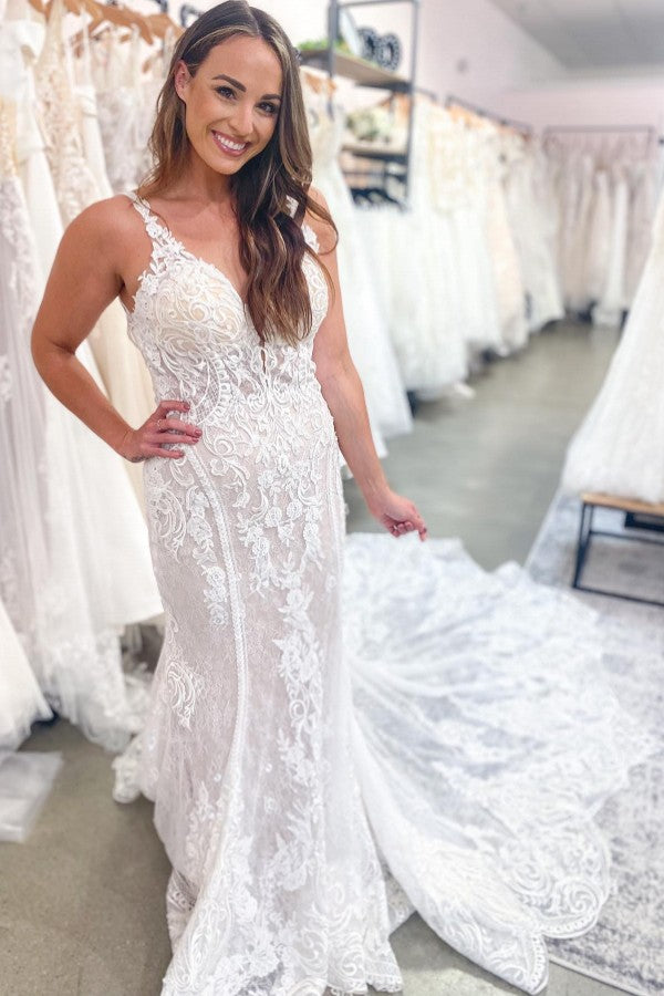 Bmbridal V-Neck Backless Wedding Dresses Mermaid With Lace