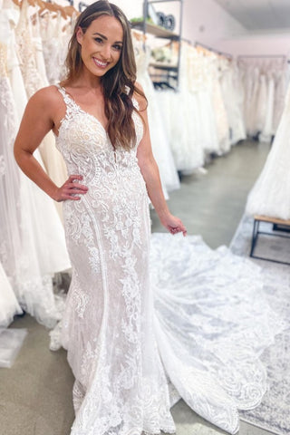 Bmbridal V-Neck Backless Wedding Dresses Mermaid With Lace
