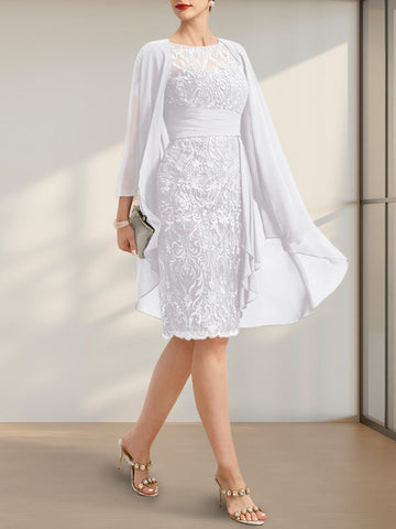 Sheath/Column Scoop Illusion Knee-Length Lace Chiffon Mother of the Bride Dress With Cascading Ruffles Sequins
