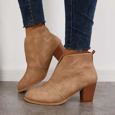 Retro Western V Cut Ankle Boots Slip On Chunky Stacked Heel Booties