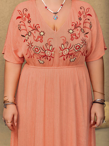 Plus Size Frill Embroidered V-Neck Half Sleeve Resort Maxi Dress