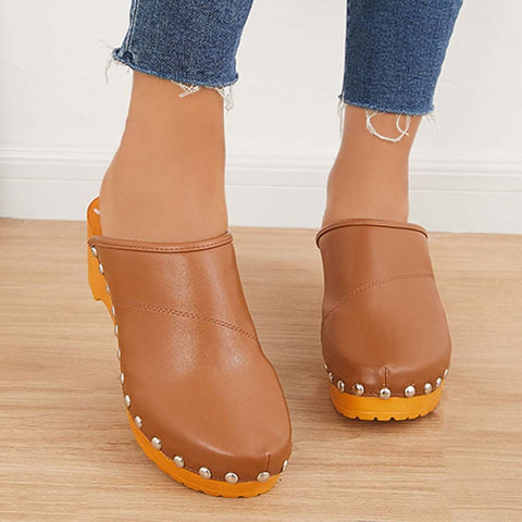 Women Casual Heeled Mules Closed Toe Slip-on Slide Sandals