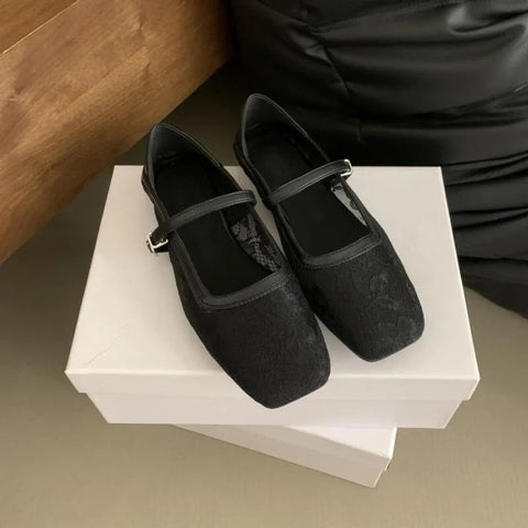 Mary Jane Flats Schuhe Damen Sommerschuhe mit quadratischer Zehenpartie und flachem Netzstoff, Schnallenriemen, Ballettschuhe, bequeme Mokassins