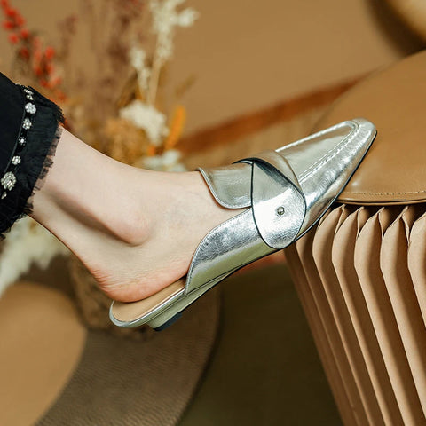 Muller Slippers Women Pumps Square Toe Genuine Leather Slippers Spring Summer Concise Casual Working Shoes Woman New Arrival