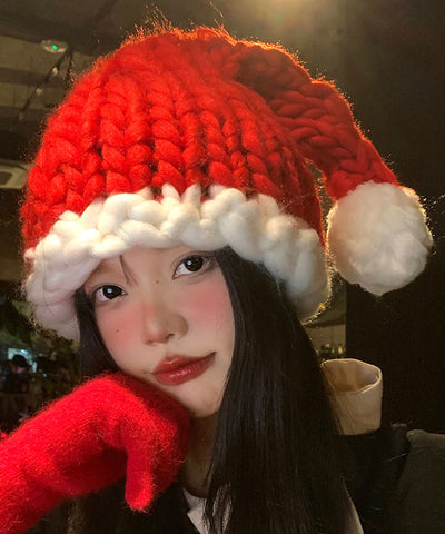 Stylish Red Fuzzy Ball Decorated Knit Bonnie Hat