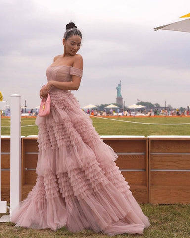 Princess A line Off Shoulder Ruffled Tulle Prom Dress
