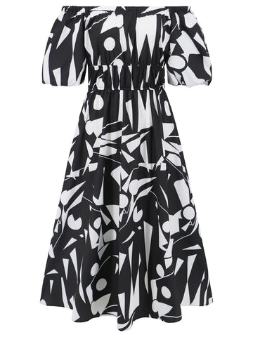 Tropical Off-Shoulder Balloon Sleeve Dress