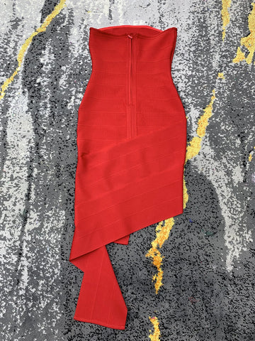 Women Celebrity Party Cocktail Red Strapless Tight Midi Irregular Dress Sleeveless Sexy Backless Bodycon Club Vesidos