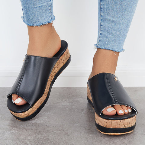 Bequeme Slip-on-Sandalen mit Kork-Fußbett und Plateau-Keilabsatz