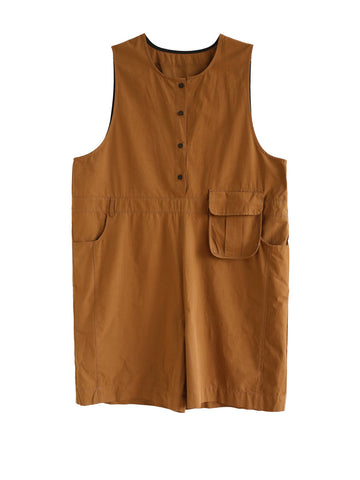 Women Summer Solid Retro Pocket Button Vest Short Jumpsuits