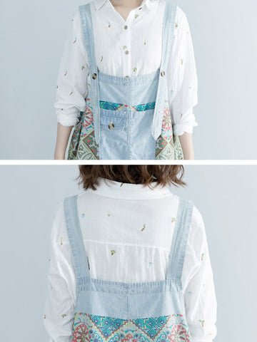 Women Ethnic Print Pocket Button Loose Wide-leg Jumpsuits