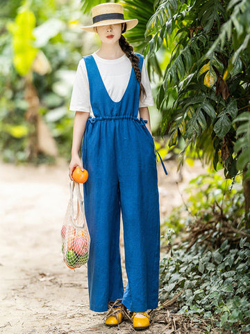 Women Summer Solid Drawstring Pocket V-Neck Linen Jumpsuits