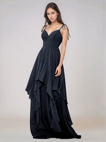 Classy Plain V Neck A-line Chiffon Bridesmaid Dress With Ruffle