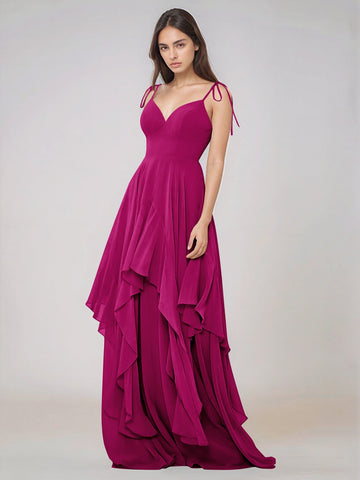 Classy Plain V Neck A-line Chiffon Bridesmaid Dress With Ruffle