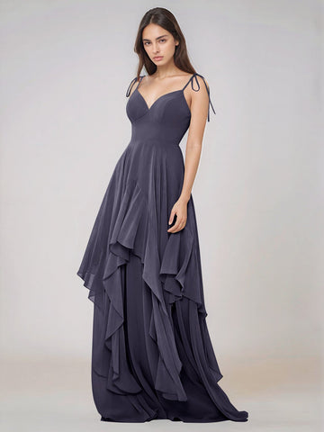 Classy Plain V Neck A-line Chiffon Bridesmaid Dress With Ruffle