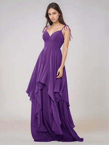 Classy Plain V Neck A-line Chiffon Bridesmaid Dress With Ruffle