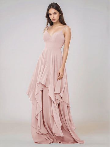 Classy Plain V Neck A-line Chiffon Bridesmaid Dress With Ruffle