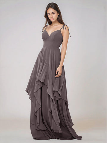 Classy Plain V Neck A-line Chiffon Bridesmaid Dress With Ruffle