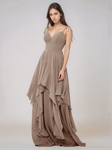 Classy Plain V Neck A-line Chiffon Bridesmaid Dress With Ruffle