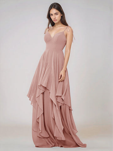 Classy Plain V Neck A-line Chiffon Bridesmaid Dress With Ruffle