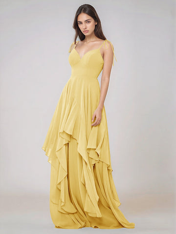Classy Plain V Neck A-line Chiffon Bridesmaid Dress With Ruffle