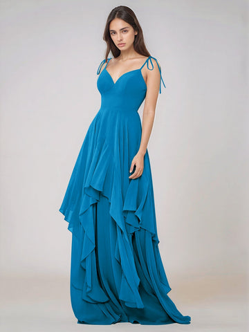 Classy Plain V Neck A-line Chiffon Bridesmaid Dress With Ruffle