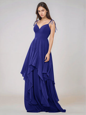 Classy Plain V Neck A-line Chiffon Bridesmaid Dress With Ruffle