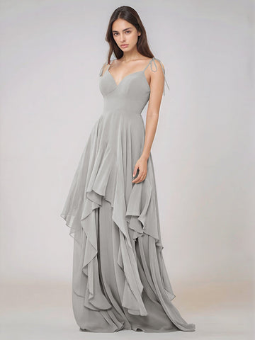 Classy Plain V Neck A-line Chiffon Bridesmaid Dress With Ruffle