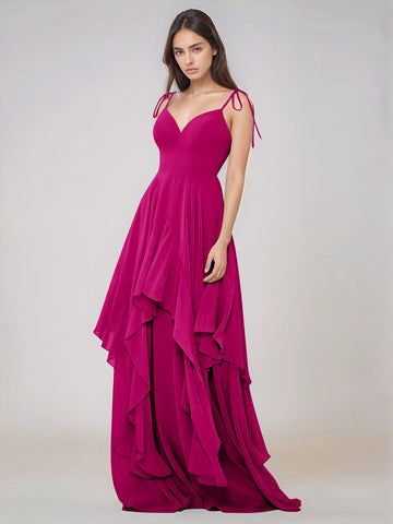 Classy Plain V Neck A-line Chiffon Bridesmaid Dress With Ruffle
