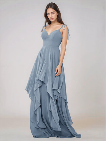 Classy Plain V Neck A-line Chiffon Bridesmaid Dress With Ruffle