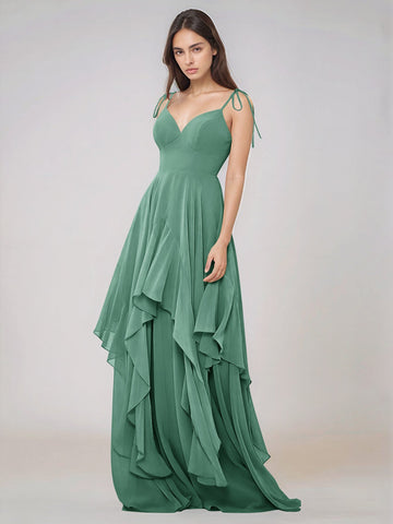 Classy Plain V Neck A-line Chiffon Bridesmaid Dress With Ruffle