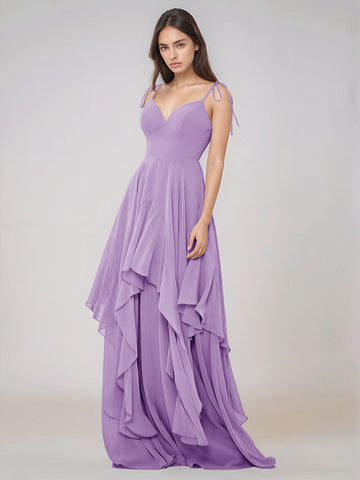 Classy Plain V Neck A-line Chiffon Bridesmaid Dress With Ruffle