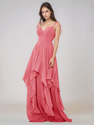 Classy Plain V Neck A-line Chiffon Bridesmaid Dress With Ruffle