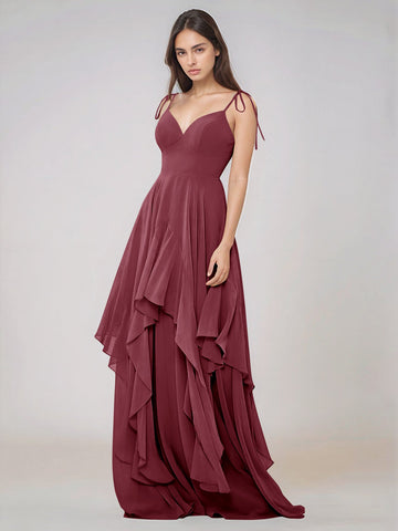 Classy Plain V Neck A-line Chiffon Bridesmaid Dress With Ruffle