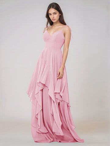 Classy Plain V Neck A-line Chiffon Bridesmaid Dress With Ruffle
