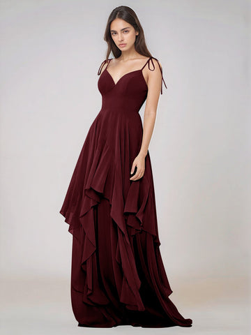 Classy Plain V Neck A-line Chiffon Bridesmaid Dress With Ruffle