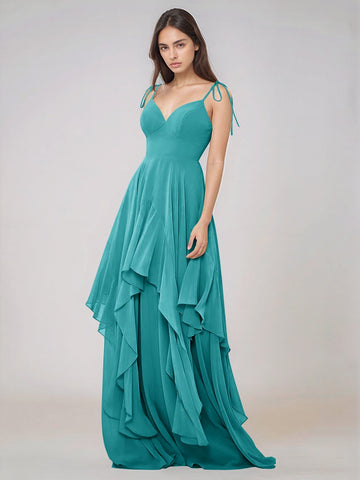Classy Plain V Neck A-line Chiffon Bridesmaid Dress With Ruffle
