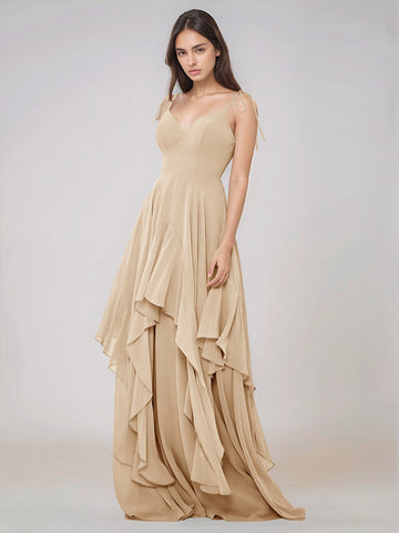 Classy Plain V Neck A-line Chiffon Bridesmaid Dress With Ruffle