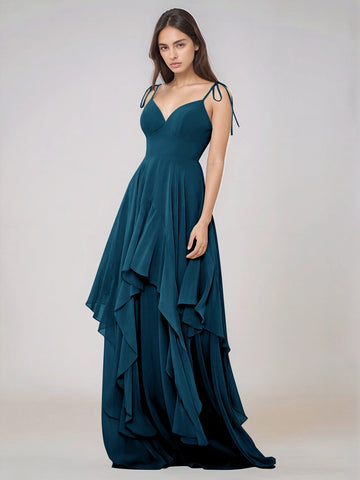 Classy Plain V Neck A-line Chiffon Bridesmaid Dress With Ruffle