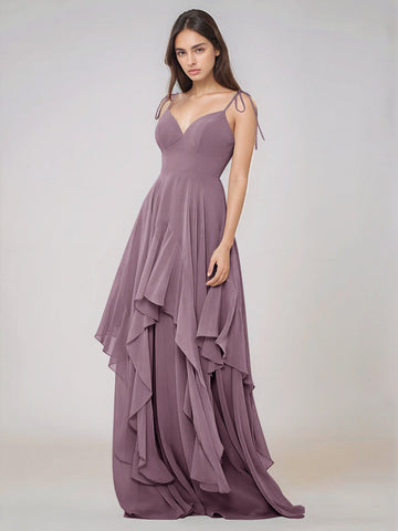 Classy Plain V Neck A-line Chiffon Bridesmaid Dress With Ruffle