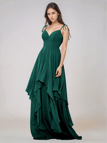 Classy Plain V Neck A-line Chiffon Bridesmaid Dress With Ruffle