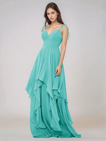 Classy Plain V Neck A-line Chiffon Bridesmaid Dress With Ruffle
